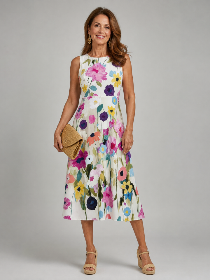 Vibrant floral print sleeveless midi dress for women, perfect for summer casual wear or vacation.