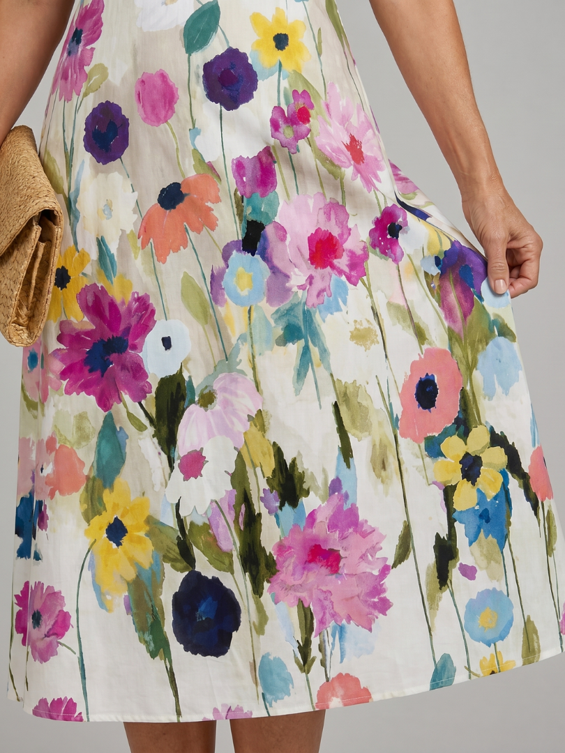 Comfortable women's sleeveless floral midi dress. Ideal for stylish summer outings & vacation fashion.