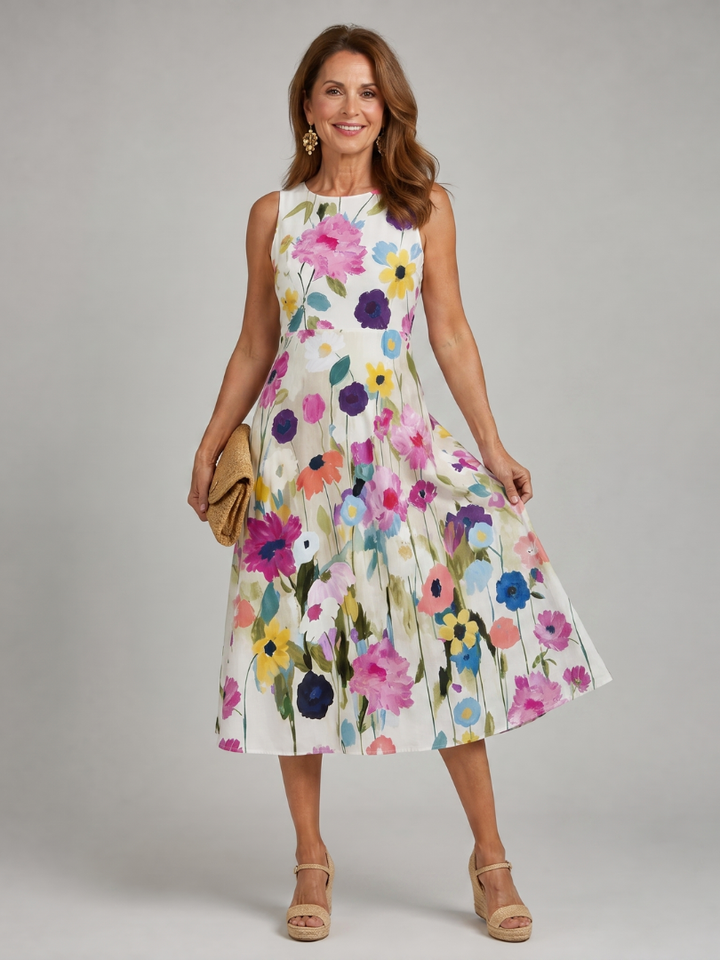 Elegant women's vibrant floral sleeveless midi dress with a comfortable round neck, perfect for casual summer.