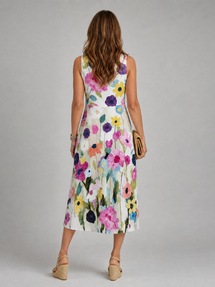 Bright & colorful floral print midi dress for women, a vibrant sleeveless summer dress for any occasion.