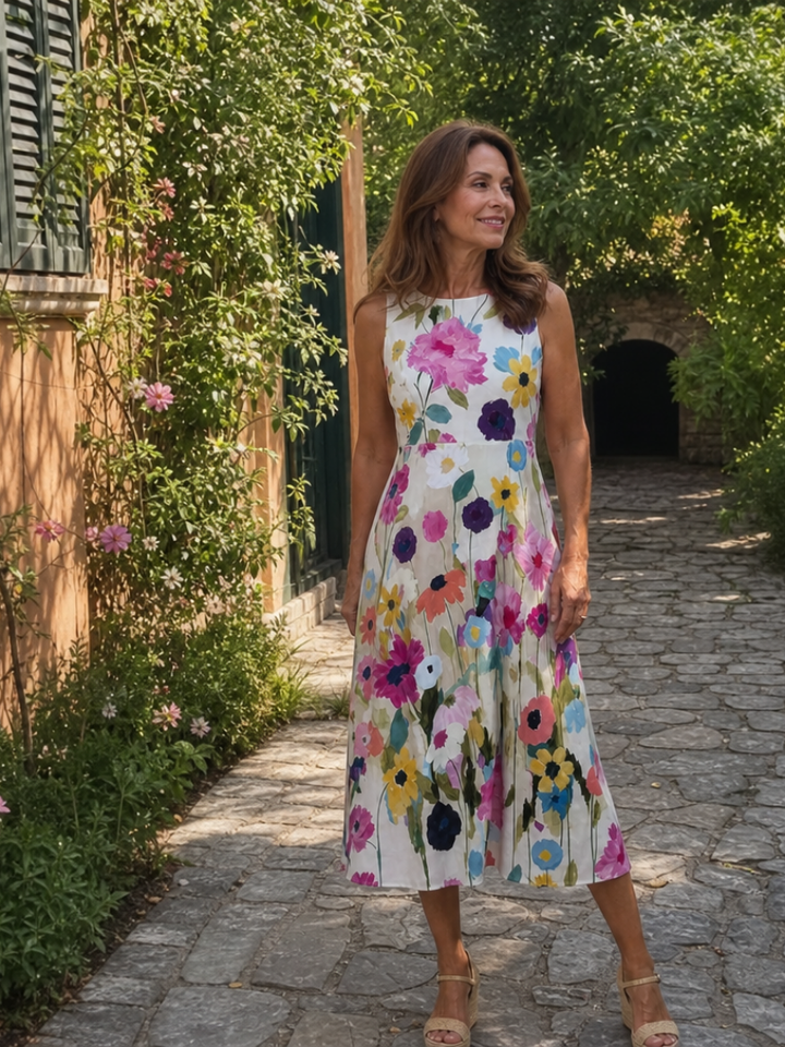 Stylish women's vacation dress: sleeveless midi with vibrant floral print, comfortable for summer casual wear.