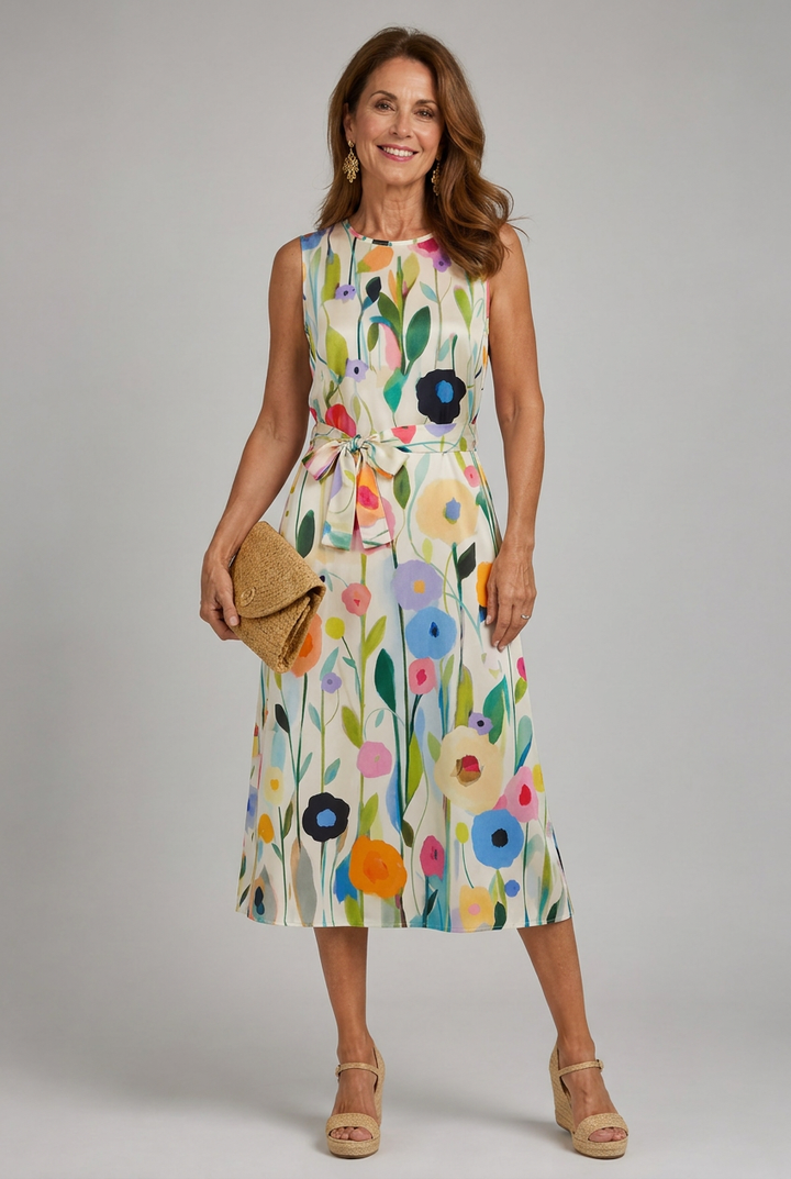 Fashionable women's sleeveless floral midi dress, featuring a vibrant all-over print and flattering fit.