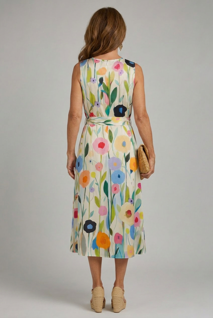Women's vibrant floral sleeveless midi dress with round neck, offering comfort and style for summer fashion.
