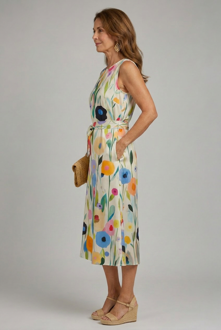 Chic women's vibrant floral print midi dress, sleeveless & colorful for a refreshing summer look.