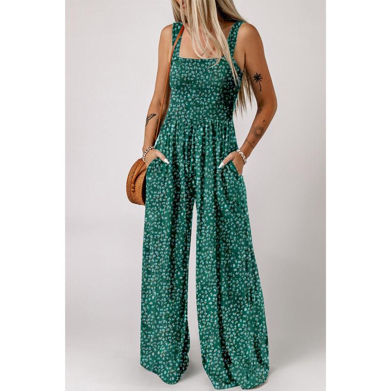 Versatile women's vibrant floral wide-leg jumpsuit, easily dressed up or down for spring/summer events.