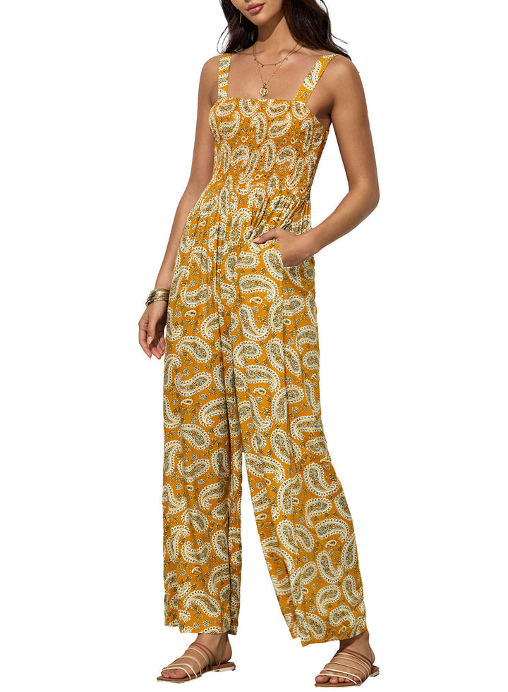 Women's spring/summer vibrant floral wide-leg jumpsuit, great for vacation, party, or casual comfort.