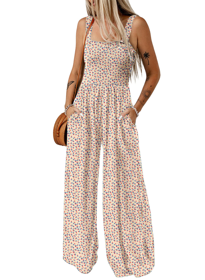 Bohemian-style women's vibrant floral wide-leg jumpsuit, comfortable and chic for summer elegance.