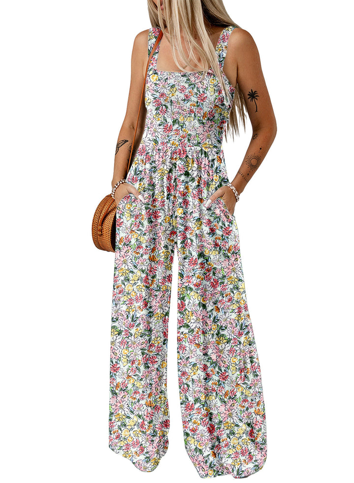 Vibrant floral print women's wide-leg jumpsuit, a comfortable and elegant choice for spring/summer parties.