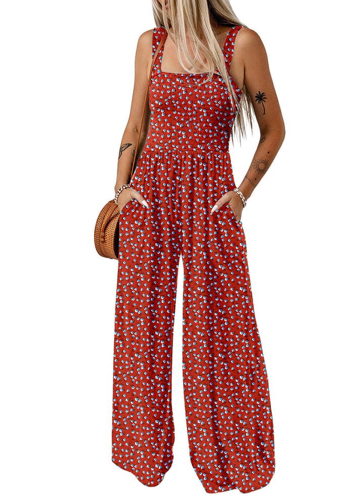 Fashionable women's vibrant floral wide-leg jumpsuit, comfortable and casual for spring/summer vacation.