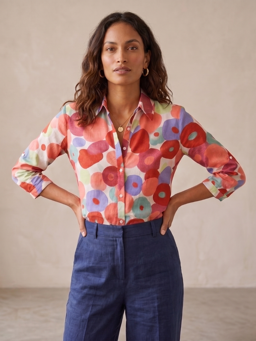 Vibrant floral women's button-down blouse with long sleeves, multicolor print for casual spring fashion.