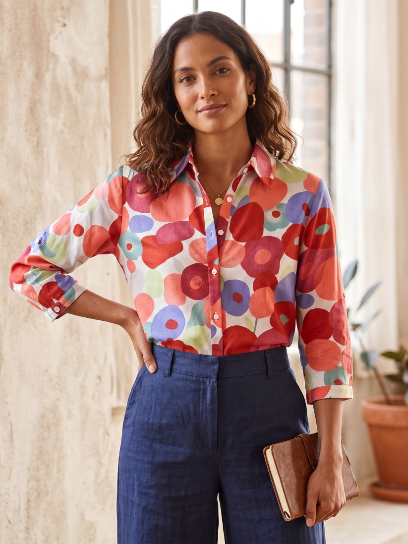 Multicolor vibrant floral button-down women's blouse. Long sleeve casual shirt, perfect for spring everyday style.