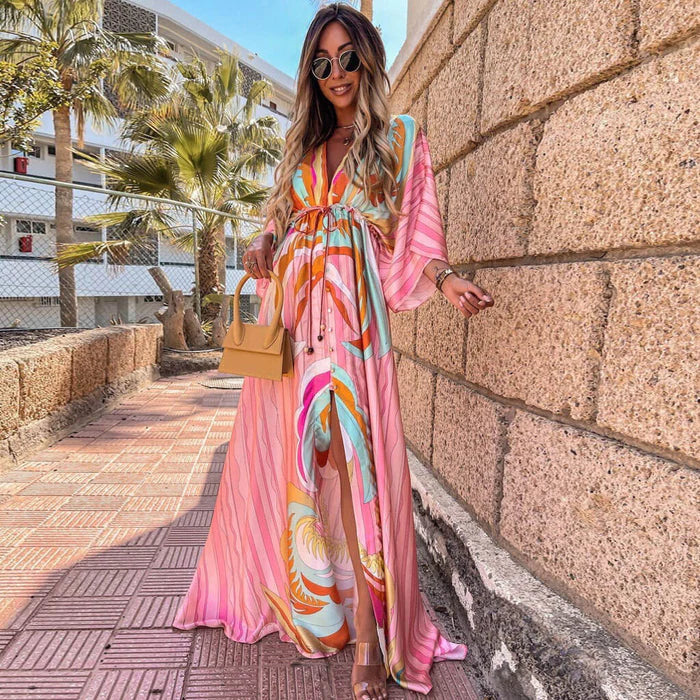 Vibrant graphic print maxi dress for women, featuring a bold pattern & flowy silhouette, perfect for summer.