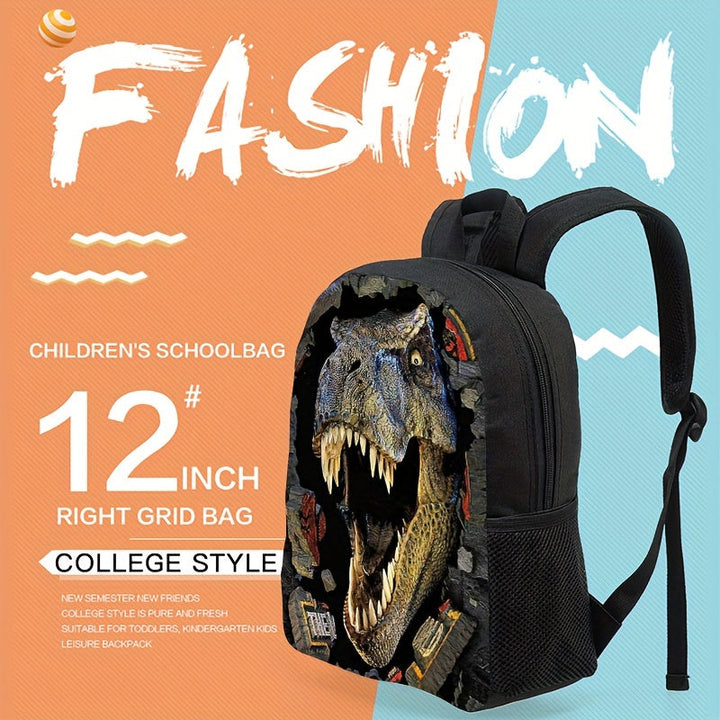 Front view of a fun Dino Roar polyester backpack for kids. Ideal children's school bag with spacious compartments.
