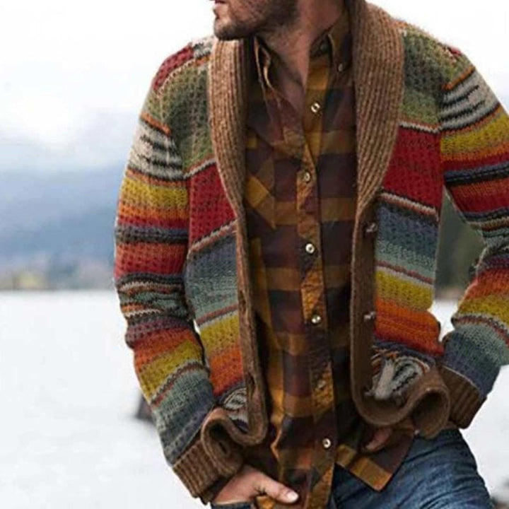 Multicolor men's striped cardigan, a comfortable knitwear piece with long sleeves and relaxed fit for easy, stylish layering.