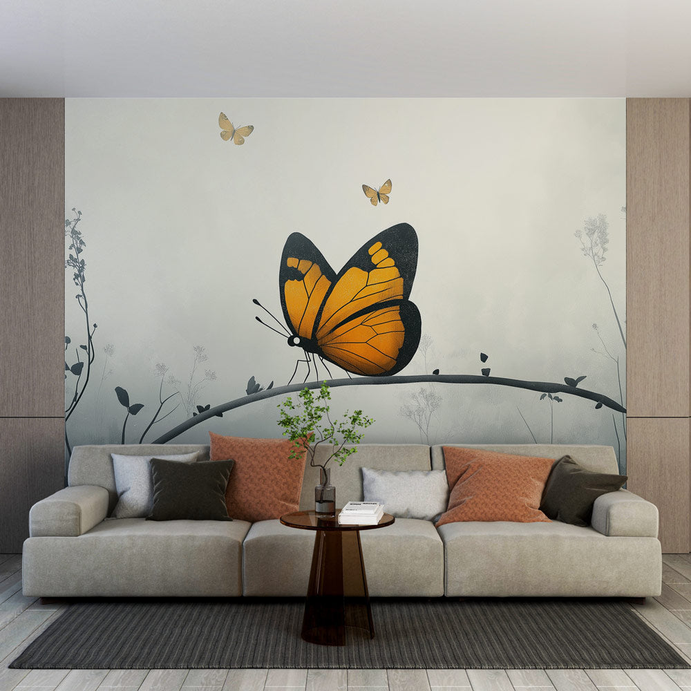 Vibrant orange monarch butterfly wall mural, peel and stick nature decor wallpaper for elegant home accents.