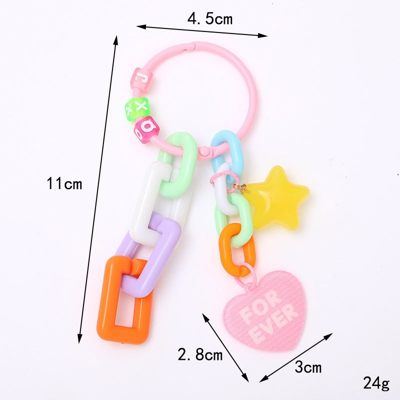 Vibrant plastic chain keychain with playful charms, ideal for keys or as a colorful bag accessory.