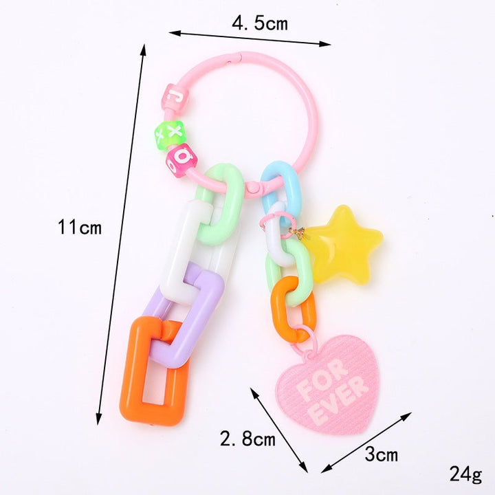 Vibrant plastic chain keychain with playful charms, ideal for keys or as a colorful bag accessory.