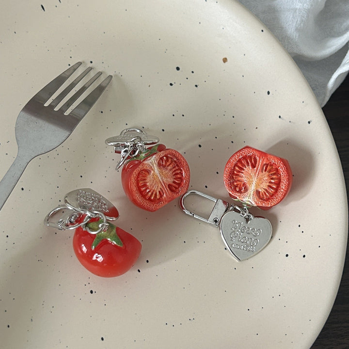 Unique novelty tomato charm keychain. A fun gift accessory for bags, purses, or keys. Bright and playful.