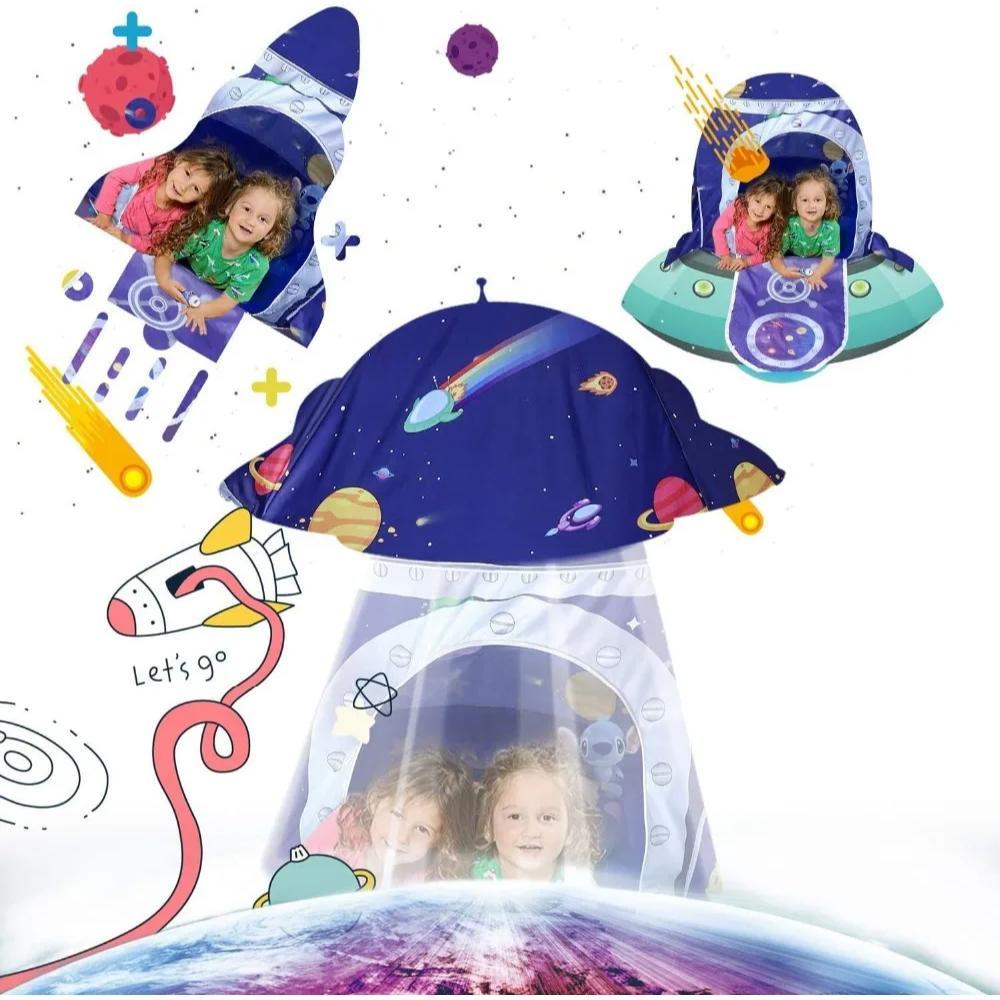 Children's rocket playhouse tent inspiring imaginative indoor/outdoor space exploration & adventure fun.