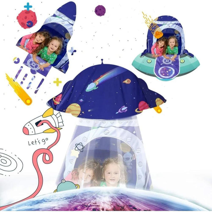 Children's rocket playhouse tent inspiring imaginative indoor/outdoor space exploration & adventure fun.