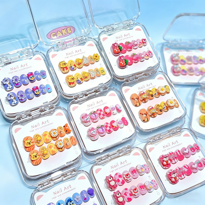 Vibrant unisex cartoon press-on nails, showcasing diverse designs for expressive nail art.