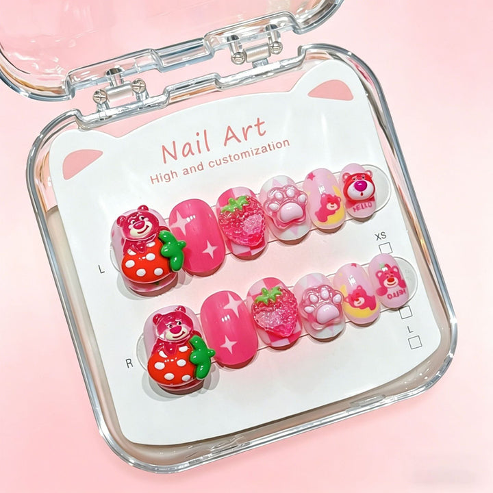 Beauty product shot: a collection of customizable cartoon press-on nails for creative expression.
