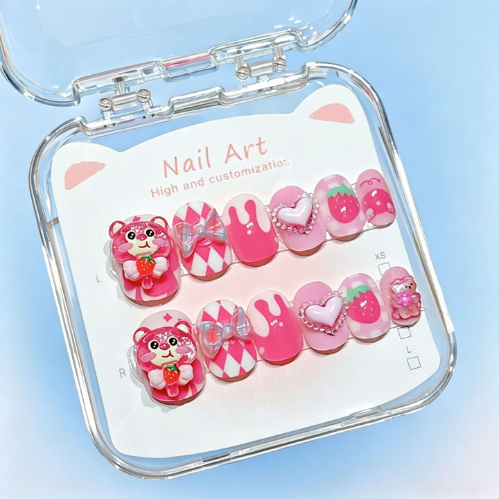Vibrant false nails featuring cute cartoon designs, ideal for quick and easy decorative nail art.