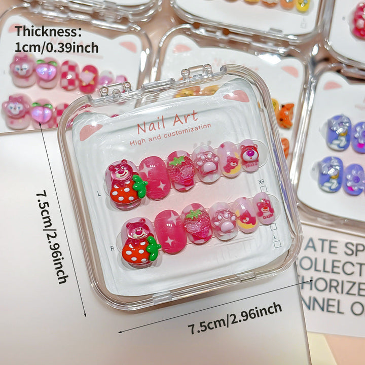 Collection of fun cartoon press-on nails, offering instant, customizable, and vibrant nail art.