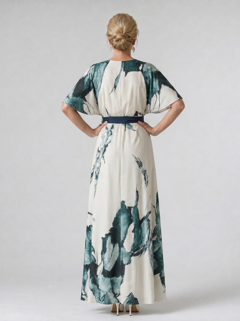 Detailed view of a women's abstract print maxi dress, highlighting its vibrant pattern, flutter sleeves, and tie waist.