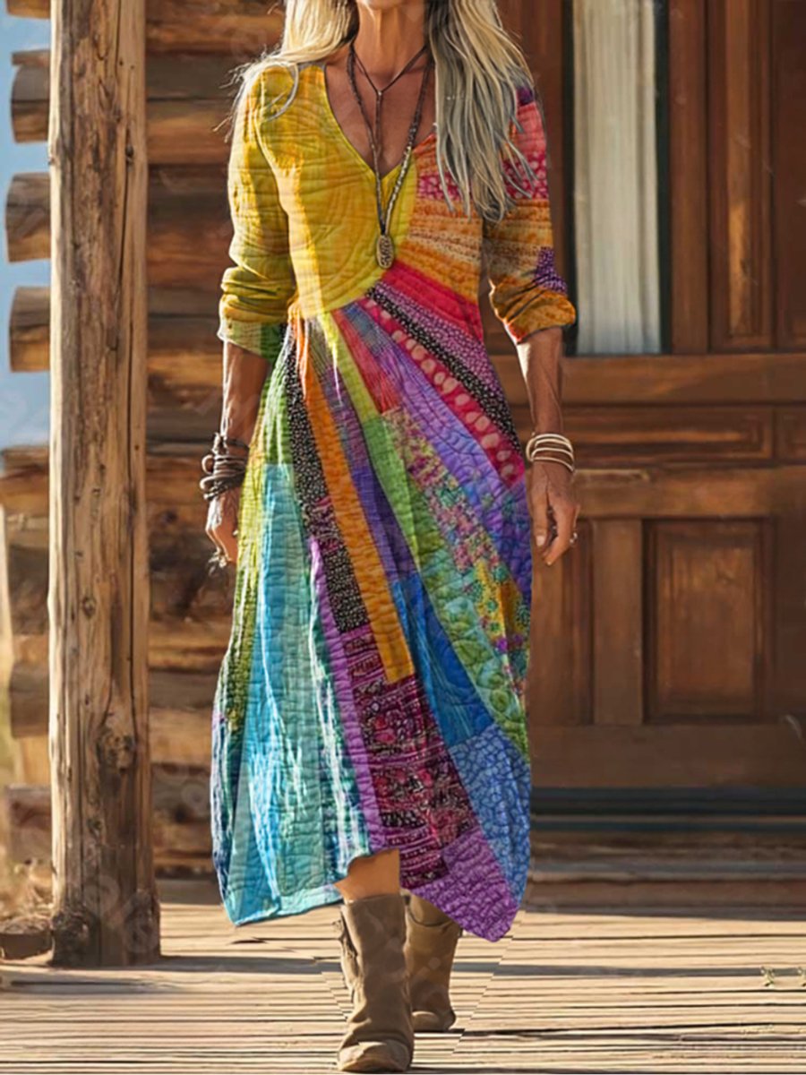 Vibrant women's boho patchwork long sleeve V-neck midi dress, perfect for a unique casual or festival look.