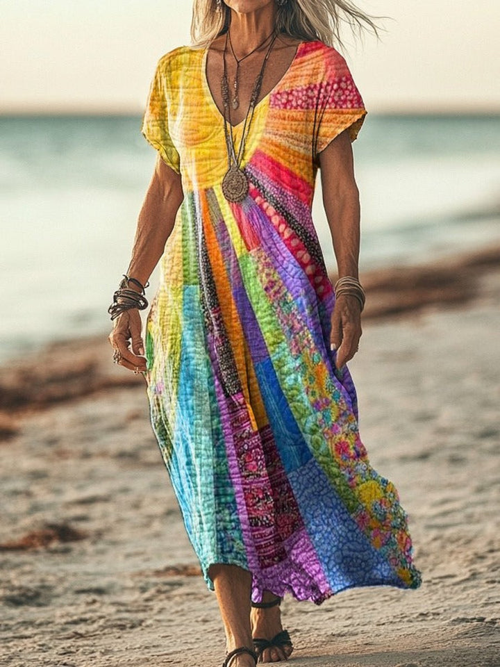 Bohemian women's patchwork midi dress with long sleeves and V-neck, a comfortable and elegant festival style.