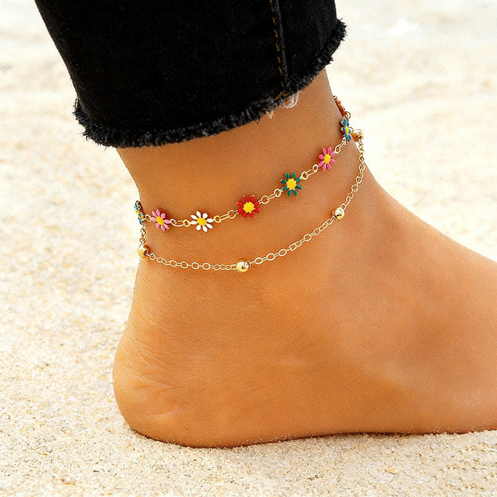 Vibrant women's colorful floral charm anklet, adjustable. Perfect summer fashion accessory.