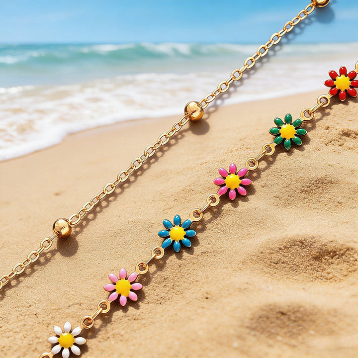 Colorful floral charm anklet for women, adjustable & vibrant. A stylish summer jewelry piece.