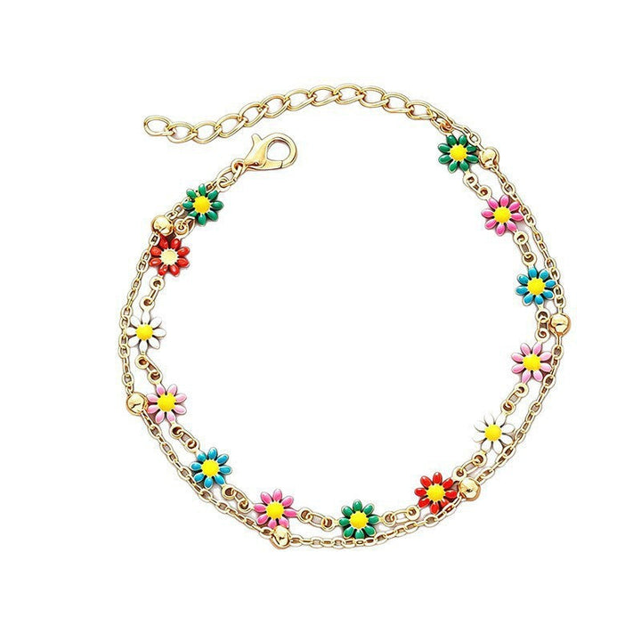 Fashionable women's floral charm anklet with colorful beads, adjustable. Great beach accessory.
