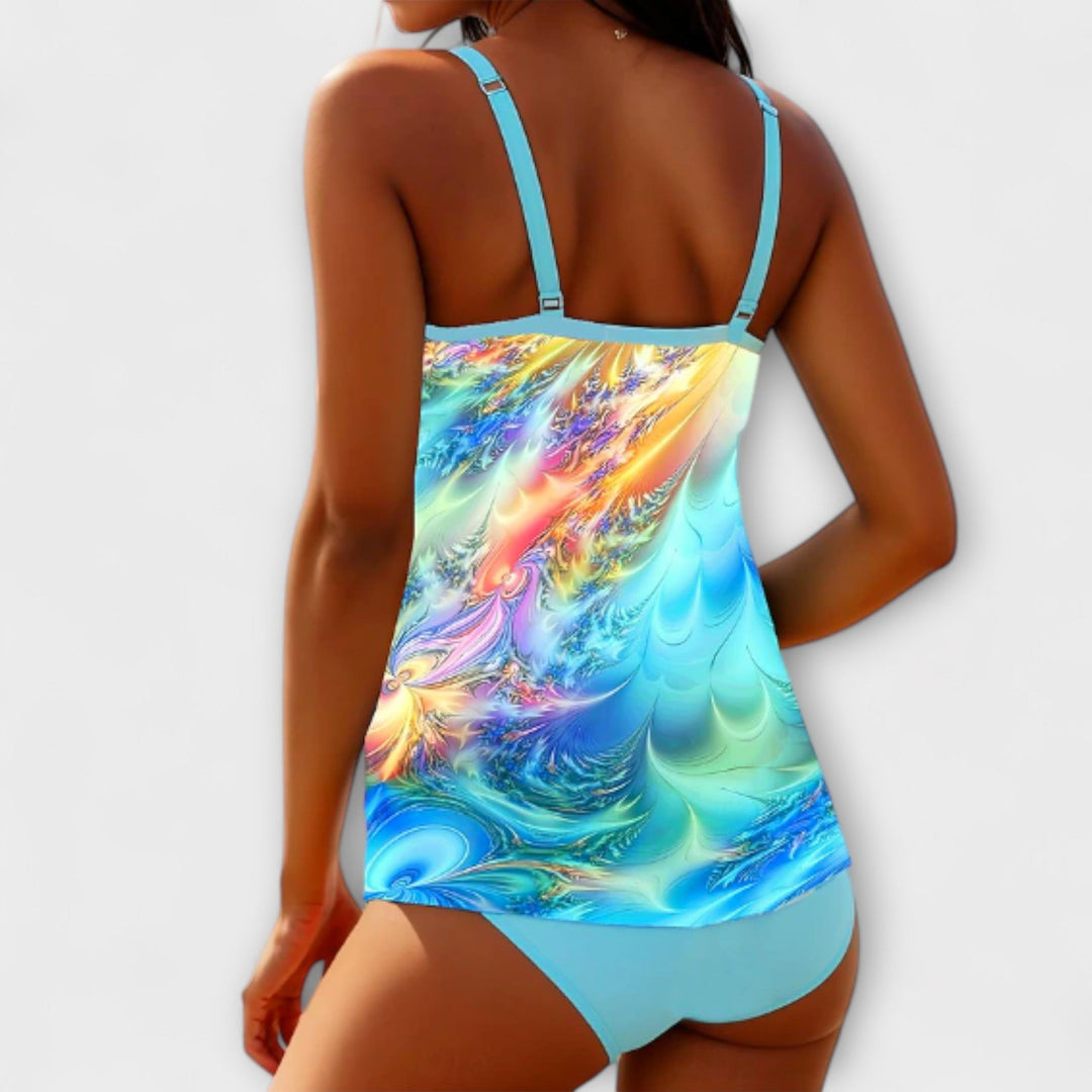 Women's printed tankini swim set in vibrant colors. Stylish swimwear for summer fashion, beach & resort wear.