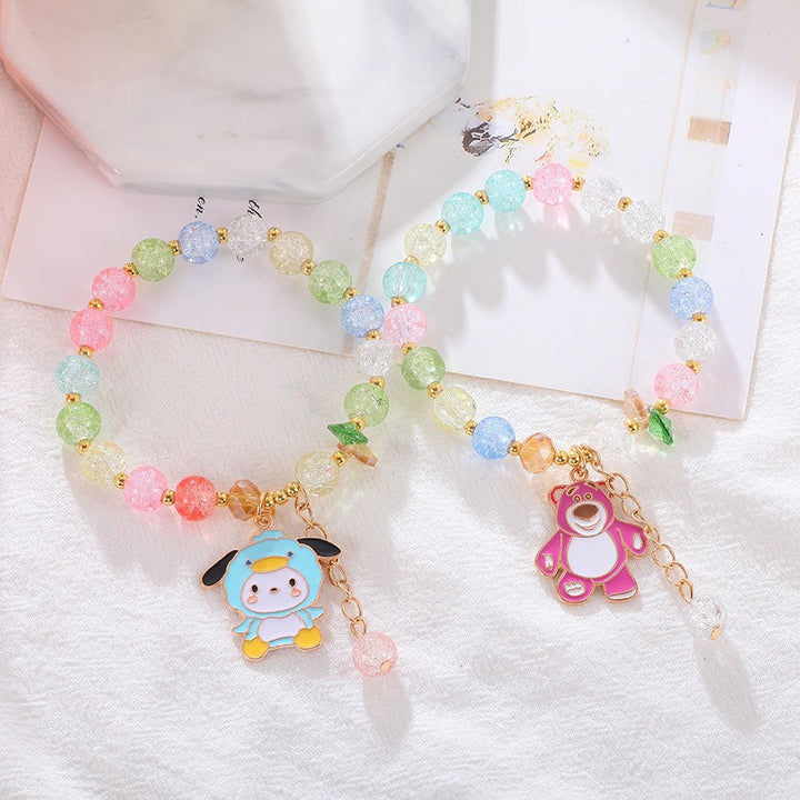 Vibrant women's elastic bracelet with playful colorful glass beads, a unique fashion accessory.