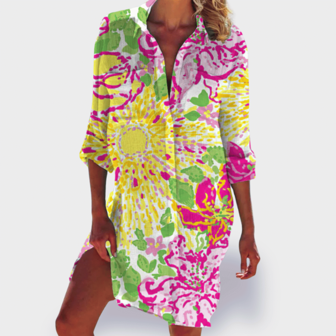 Vibrant women's lightweight summer dress, perfect for casual holidays or everyday comfort and style.