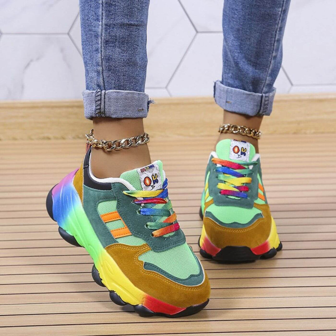 Chunky orthopedic women's sneakers, colorful design for active wear, featuring advanced arch support.