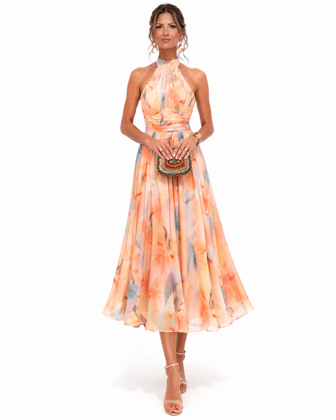 Vibrant women's watercolor print halter neck midi dress, perfect for elegant summer events & parties.