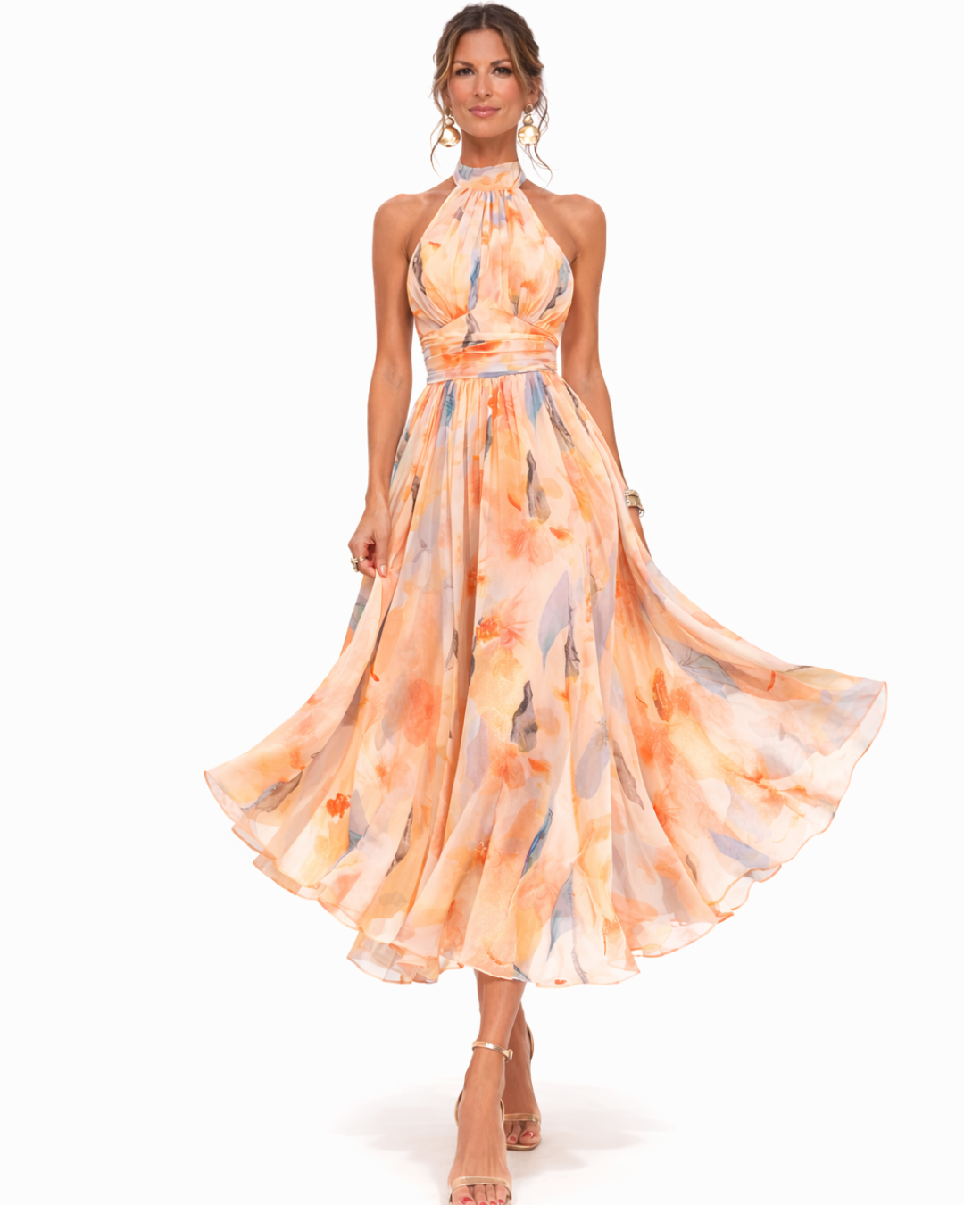Elegant women's watercolor print midi dress with a stylish halter neck, ideal for special occasion fashion.
