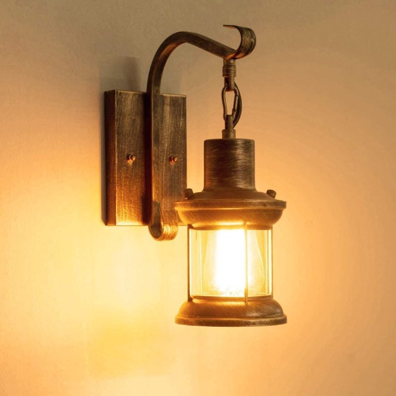 Industrial metal wall sconce with vintage appeal for outdoor patio lighting.