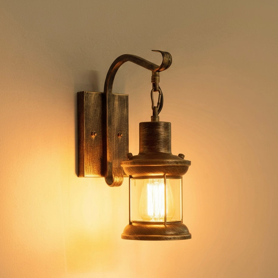 Outdoor vintage industrial metal wall sconce, rustic exterior lighting.