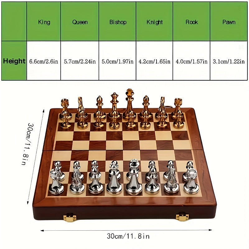 Classic wooden chess board game, featuring finely crafted metal pieces. An ideal vintage strategy set.