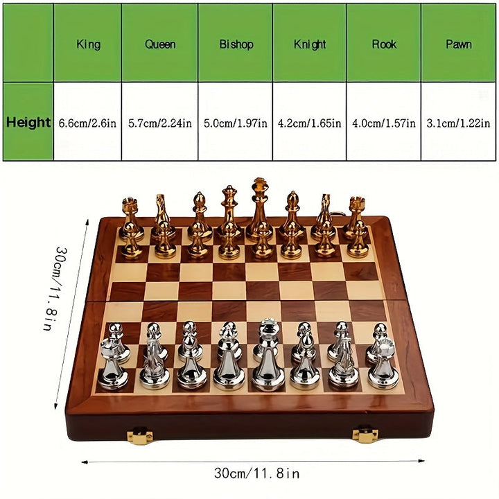 Classic wooden chess board game, featuring finely crafted metal pieces. An ideal vintage strategy set.