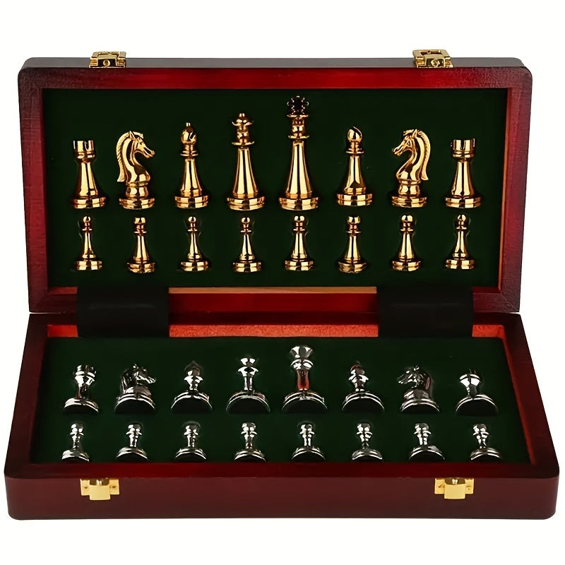 Unisex vintage wooden chess set, a timeless strategy game with durable metal pieces for any player.