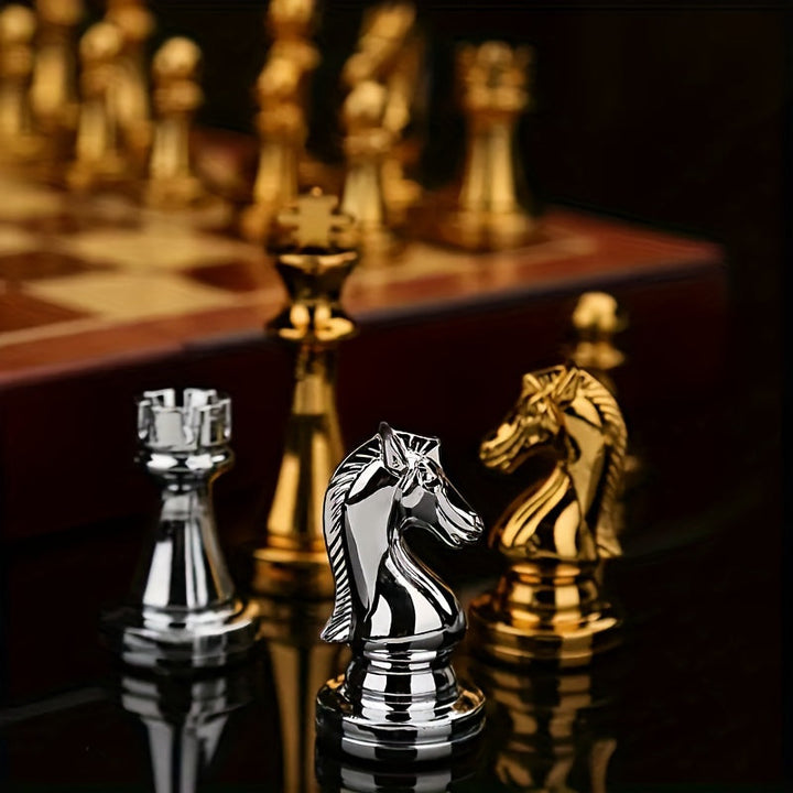 High-quality wooden chess set with ornate metal pieces. Experience classic strategy game enjoyment.