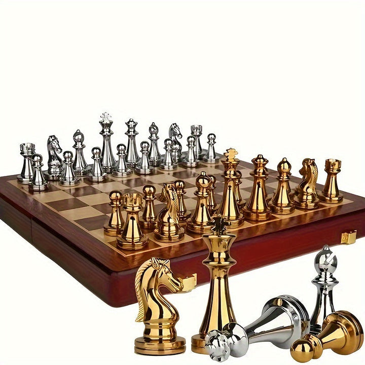 Portable wooden chess set with a foldable board & sturdy metal pieces. Great for travel & strategic play.