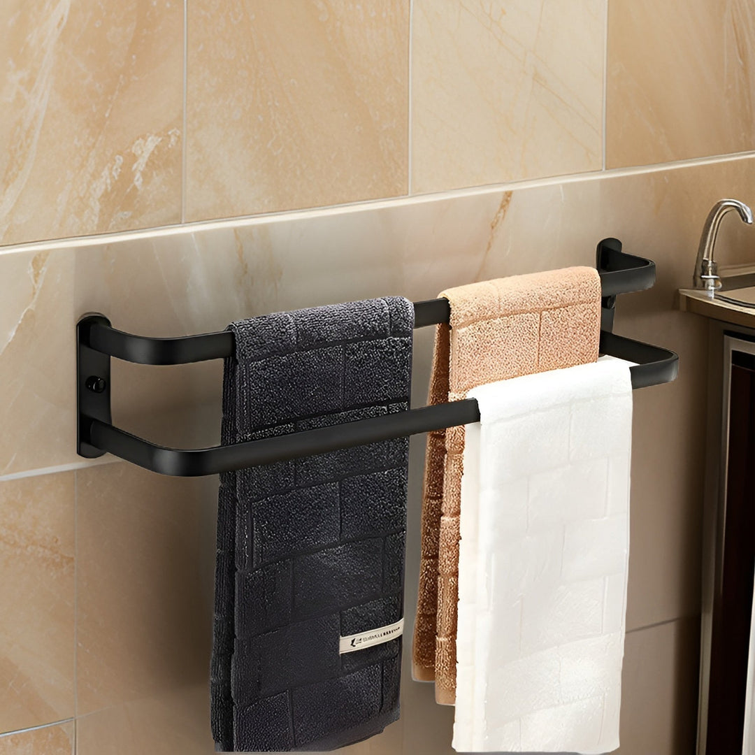 Wall-mounted 2-bar towel rack, rust-resistant stainless steel for modern bathroom storage, space-saving design.