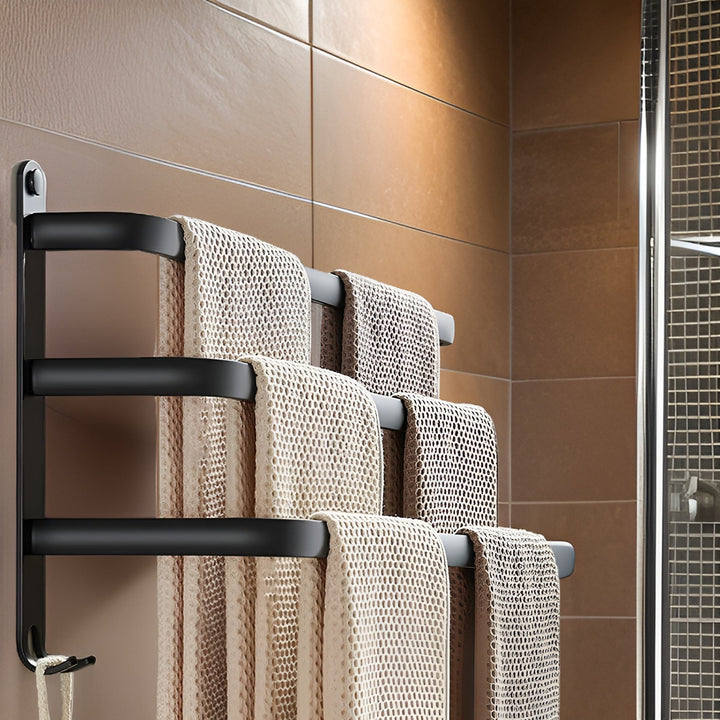 Space-saving 3-bar wall towel holder in durable, rust-resistant stainless steel for organized bathroom storage.