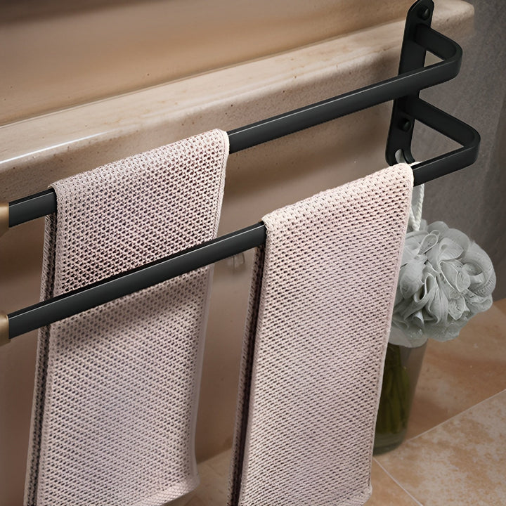 Sleek, modern wall-mounted 2-bar towel holder for bathroom decor. Rust-resistant stainless steel, space-saving.